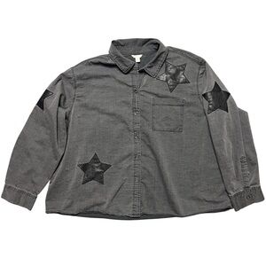CATO Gray Button Down Faux Leather Star Patches Top